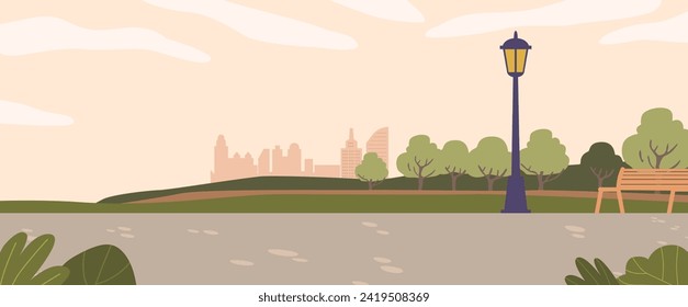 Serene Vector Summer Park Landscape with Vibrant Floral Displays, Lush Greenery, And Picturesque Cityscape Silhouette