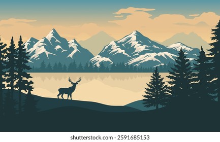 A serene view features a deer standing on the shore of a tranquil lake surrounded by towering snow-capped mountains and lush evergreen trees under a soft pastel sky.