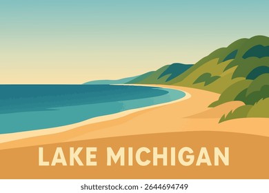  A serene view of Lake Michigan at sunrise, with soft light reflecting on the calm waters, showcasing the peaceful beauty of Michigan’s coastline