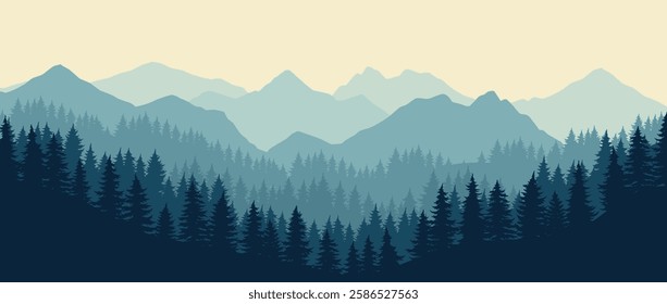 A serene view of layered mountains shrouded in mist surrounded by tall evergreen trees under a soft pale sky at dawn. Nature is portrayed in calming tones and quiet beauty.