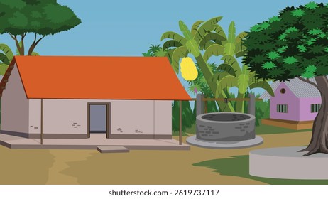 A serene village scene with a house, well, and banana trees.Indian village house landscape.