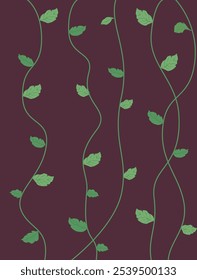 Serene Vine Elegance ,Graceful green vines with delicate leaves curve against a deep plum background,evoking a sense of tranquility and natural beauty in a minimalist,not seamless pattern.