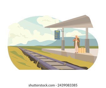 Serene Espera en la Estación Rural. El viajero solo tiene paciencia en una tranquila parada de tren rural, con vastos cielos y colinas distantes que establecen una escena pacífica.