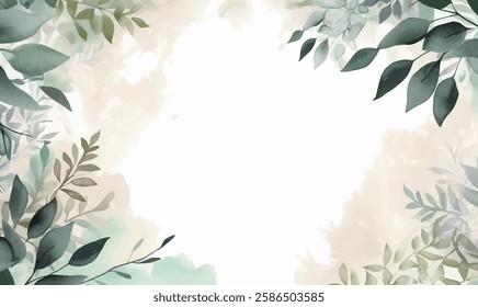 A serene watercolor background with a lush arrangement of green leaves and subtle floral elements.
