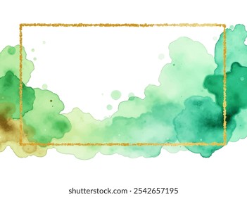 Um fundo aquarela sereno com tons de verde suave, emoldurado por uma borda de ouro brilhante. Perfeito para criar uma atmosfera calmante e elegante em seus projetos.