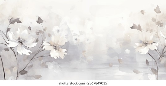 Sereno aquarela botanical ilustração relaxante configuração. Delicada representação de flores e folhagem em tons suaves sensação de tranquilidade vetor fundo. Sabor artístico de textura de aquarela sutil