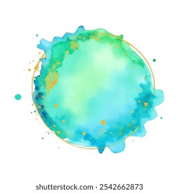 A serene watercolor circle with soft green and blue hues, accented with delicate gold glitter. 