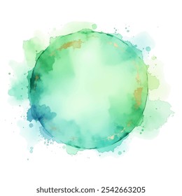  A serene watercolor circle with soft green and blue hues, accented with delicate gold glitter.