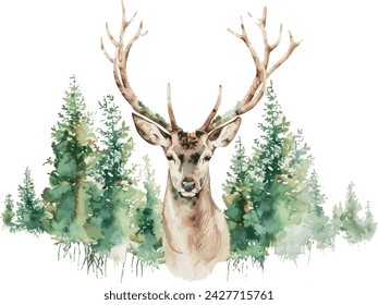 A serene watercolor deer with antlers that branch out into delicate forest trees, animals, watercolor style, white background, with copy space