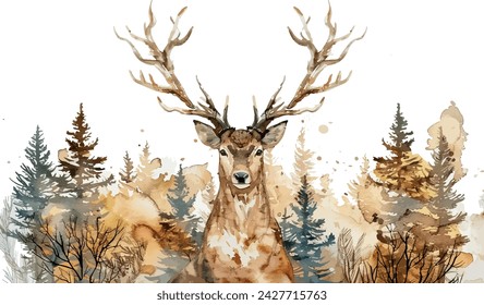 A serene watercolor deer with antlers that branch out into delicate forest trees, animals, watercolor style, white background, with copy space