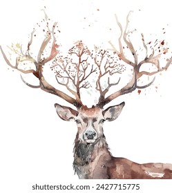 A serene watercolor deer with antlers that branch out into delicate forest trees, animals, watercolor style, white background, with copy space