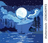 serene watercolor depiction of a quiet moonlit night and lone sailboat drifting across the calm river in the village. Moon, clouds, trees, river, water, boats sailing, moonlight illustration