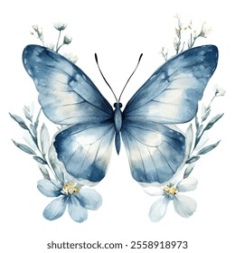 A serene watercolor illustration of a blue butterfly framed by delicate white flowers and soft green foliage, exuding natural beauty.
