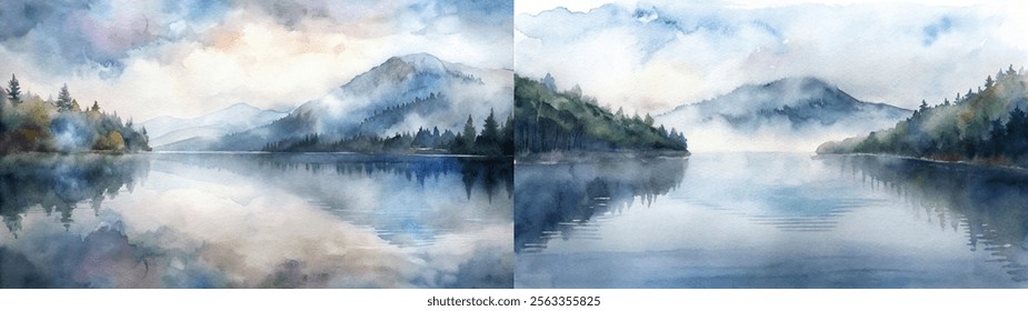 Serene watercolor landscape featuring misty mountains and a tranquil lake reflecting soft hues.