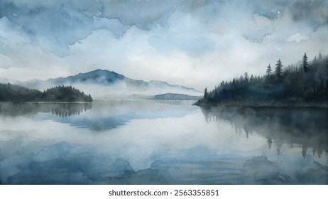 Serene watercolor landscape featuring misty mountains and calm waters reflecting a tranquil sky.