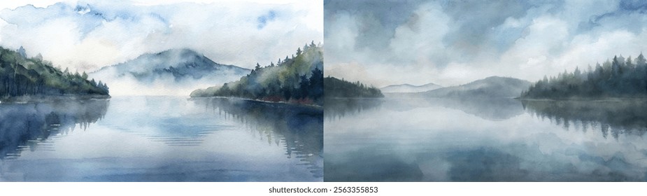 Serene watercolor landscape featuring misty mountains and calm reflective waters.