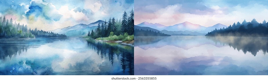 Serene watercolor landscape featuring mountains and reflections in a tranquil lake setting.