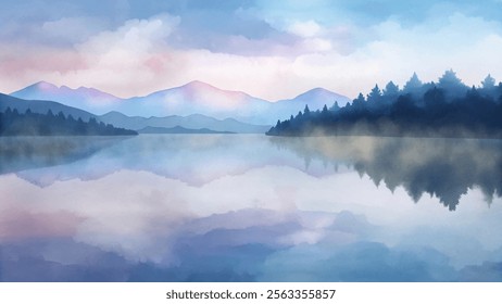 Serene watercolor landscape featuring mountains and a tranquil lake reflecting soft pastel hues.