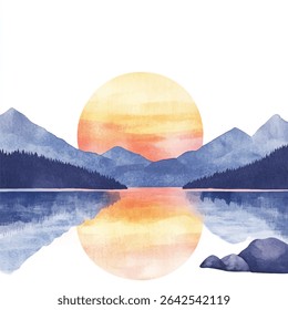 Uma serena paisagem aquarela com montanhas, um lago e um pôr do sol vibrante. As montanhas são representadas em tons de azul e cinza, com um foco suave