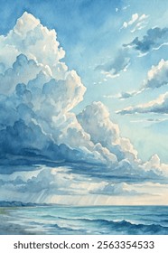 Serene watercolor landscape showcasing vibrant clouds against a bright blue sky over tranquil ocean waves.