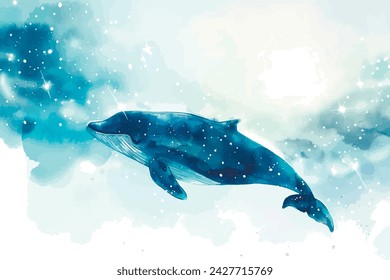 A serene watercolor whale swimming through a dreamy ocean filled with star-like plankton, animals, watercolor style, white background, with copy space