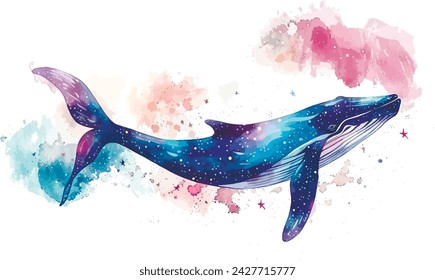 A serene watercolor whale swimming through a dreamy ocean filled with star-like plankton, animals, watercolor style, white background, with copy space