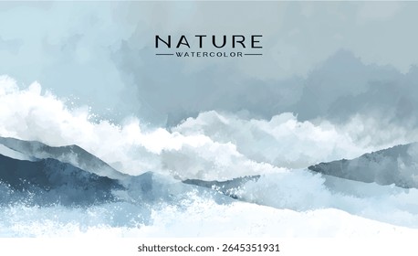 A serene, watercolor-style landscape painting of mountains and clouds.