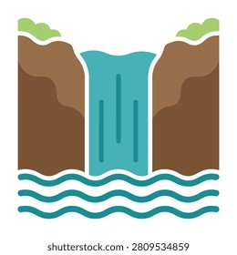 A serene waterfall cascades between two brown cliffs with lush green vegetation on top into a body of water