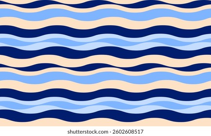 Serene wavy stripes in calming blues and beige.  Perfect for summery backgrounds, textile designs, or website banners. Evokes feelings of peace, relaxation, and ocean breezes.