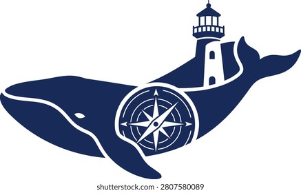 A serene whale silhouette with a lighthouse and compass, symbolizing guidance at sea