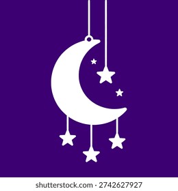 A serene white crescent moon with hanging stars on a deep purple background, creating a peaceful atmosphere, ideal for nursery designs.