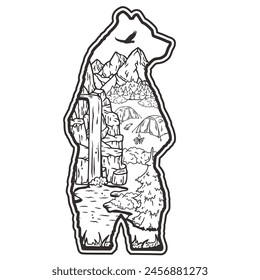 Serene wilderness adventure outline art and vector illustration depicting nature, camping, hiking, and wildlife in a minimalist, eco-friendly, and tranquil black and white landscape.