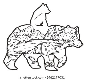 Serene wilderness adventure outline art and vector illustration depicting nature, camping, hiking, and wildlife in a minimalist, eco-friendly, and tranquil black and white landscape.