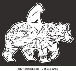 Serene wilderness adventure outline art and vector illustration depicting nature, camping, hiking, and wildlife in a minimalist, eco-friendly, and tranquil black and white landscape.
