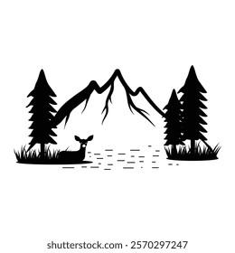 Serene Wildlife Scene, Deer Hunting Clipart in Mountain Landscape with Trees and Lake