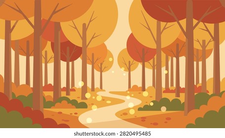 Serene winding path in a beautiful autumn forest decorated with colorful orange, yellow, and red foliage trees.