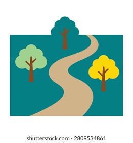Serene winding road through trees in a natural landscape scenery with green and yellow foliage