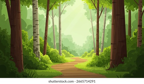 Um caminho de madeira sereno e sinuoso através de uma exuberante floresta verde, com luz solar filtrando através das árvores.