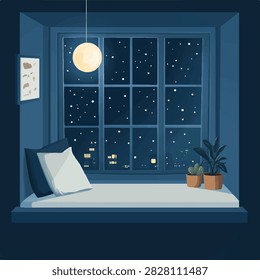 A serene window seat with pillows, plants, and a view of a starry night sky and city lights, illuminated by a hanging lamp.