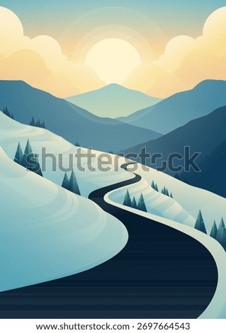 Serene winter backdrop showing glowing sunrise behind snow-covered peaks and a countryside road. Suitable for nature artwork, backgrounds, and print projects.