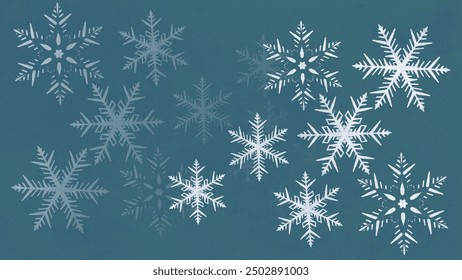 Un diseño sereno de invierno con delicados copos de nieve blancos esparcidos sobre un fondo verde azulado profundo. Este patrón captura la esencia pacífica de las nevadas, perfecto para decoraciones de vacaciones y de temporada