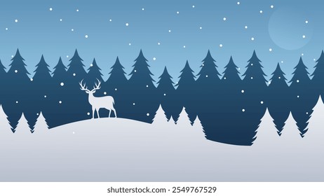 A serene winter forest scene featuring a silhouette of a deer on a snowy hill, surrounded by pine trees under a starry night sky. Perfect for holiday designs, winter themes, and seasonal projects.