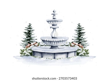 A serene winter garden scene featuring a classic stone fountain surrounded by snowy pine trees and seasonal plants. Ideal for holiday cards, winter landscapes, posters, and background designs.