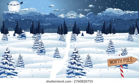 A serene winter landscape captures the magic of a festive holiday night in a snowy northern setting. Under a deep star-filled sky, a glowing full moon illuminates a peaceful forest of snow-covered coniferous trees, creating a calm and enchanting atmosphere. Gently falling snowflakes add softness and depth, enhancing the seasonal charm and quiet beauty of this scene. In the distance, a classic silhouette of a sleigh led by reindeer glides gracefully across the bright moon, evoking timeless holiday traditions and childhood wonder. The composition balances natural scenery with iconic seasonal elements, making it ideal for greeting cards, wallpapers, advertisements, and creative projects.

In the foreground, a rustic wooden signpost marked “North Pole” points toward the heart of this magical destination, adding a whimsical storytelling detail. The cool tones of blue and white contrast beautifully with the warm glow of moonlight, delivering a visually appealing and emotionally comforting experience. This artwork symbolizes joy, imagination, and the spirit of giving, making it suitable for both personal and commercial design use. Perfect for winter campaigns, festive branding, or digital backgrounds, the image offers high visual appeal with a timeless seasonal theme.

The peaceful setting, combined with symbolic imagery, creates a sense of nostalgia while maintaining a clean and modern aesthetic. Every element, from the snowy ground to the sky above, contributes to a cohesive and captivating composition that celebrates the essence of the holiday season without overwhelming detail.