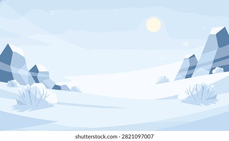 Serene winter landscape features low poly style snowy mountains and sparse bushes under a bright sun in a soft blue sky.
