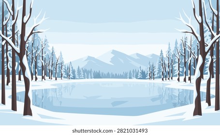 Serene winter landscape featuring a frozen blue lake surrounded by snow covered bare trees and distant mountain peaks.