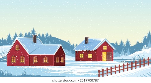 A serene winter landscape featuring red houses with snowy rooftops, surrounded by pine trees and gently falling snow.