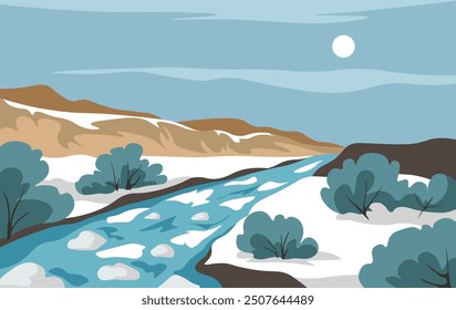 A serene winter landscape featuring a river flowing through snow-covered terrain. Illustrated in a flat, minimalist vector style. Perfect for winter-themed projects and nature illustrations.