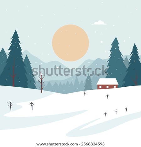 A serene winter landscape featuring a small cabin, tall pine trees, and a large sun in the sky. Snow covers the ground, and mountains are visible in the background.