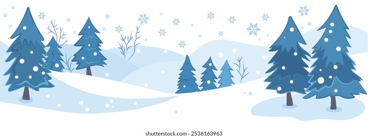 A serene winter landscape featuring snow-covered trees and gentle hills in a soft color palette. Christmas. Vector illustration